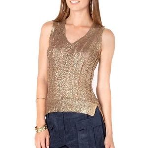 *NEW* BCBGMAXAZRIA BCBG Gibbs Sweater Gold Print Combo V Neck Tank Mettalic
